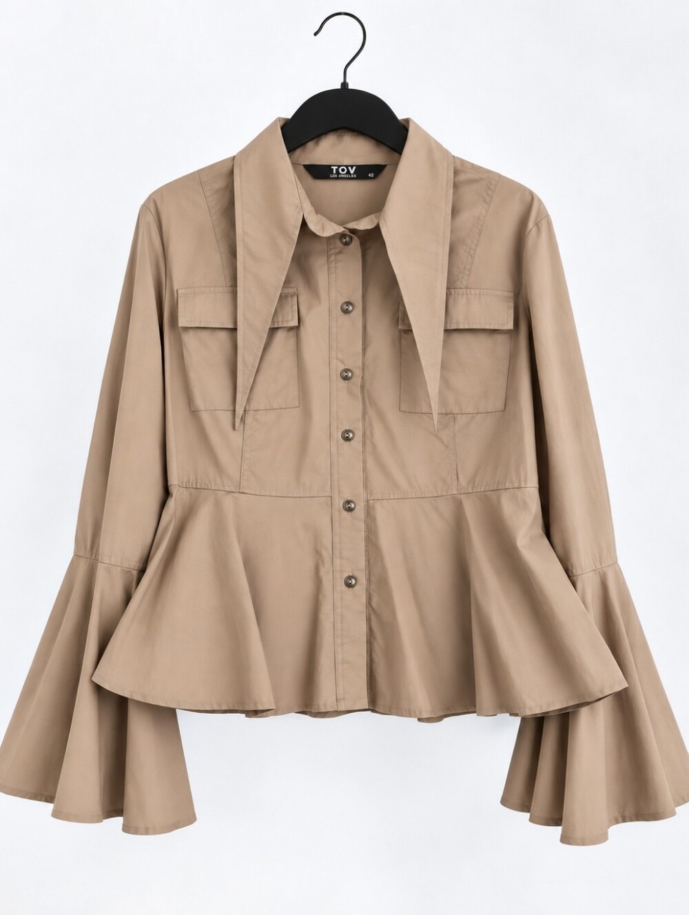 TOV Holy Los Angeles Bell Sleeve Peplum Button-Up Dagger Collar Blouse Size 42